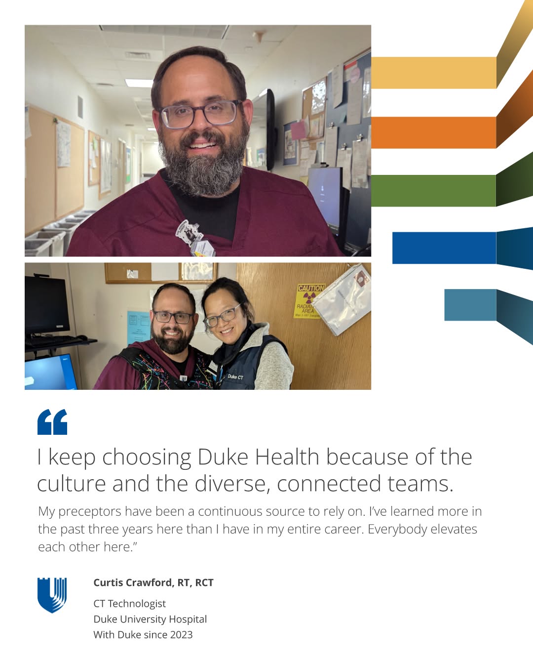 There are two photographs arranged vertically. The top photo shows a smiling individual with a beard and glasses, in a room with medical equipment. The bottom photo shows two smiling individuals posin