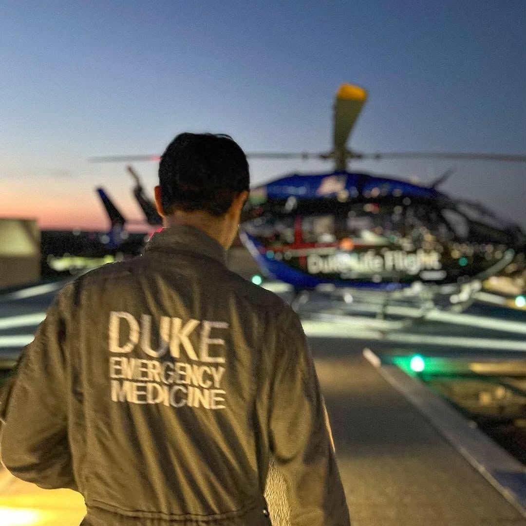 Instagram post by Dr. Vincent Nacouzi: Bull City Emergency Medicine...let's roll! @astnanurses @assocairmedsvcs #dukelifeflight #teamneverquit #onemissiononeteam