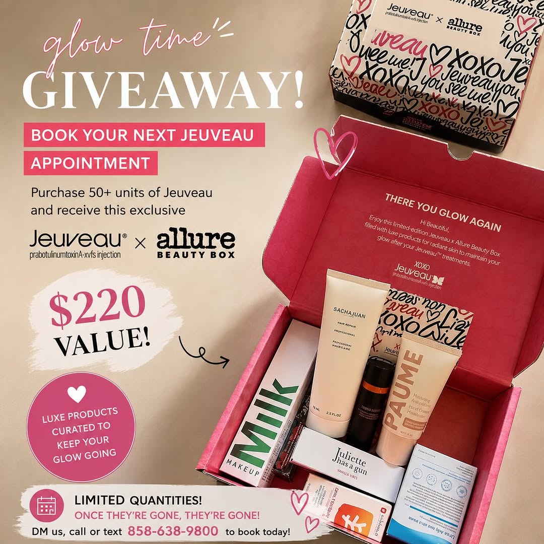 Instagram post by Dr. Vincent P. Marin: ✨ GLOW TIME GIVEAWAY ✨ Your Jeuveau refresh just got even better 💋 Book your next Jeuveau appointment and purchase 50+ units to receive an …