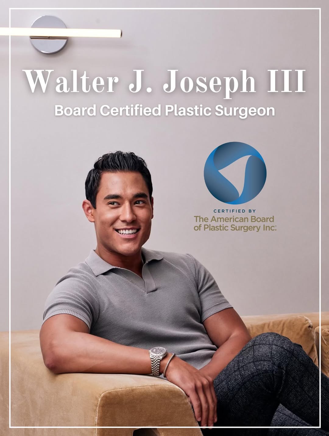 Instagram post by Dr. Walter Joseph: So humbled and proud to announce that I am officially Board Certified by the American Board of Plastic Surgery — one of the most rigorous an…