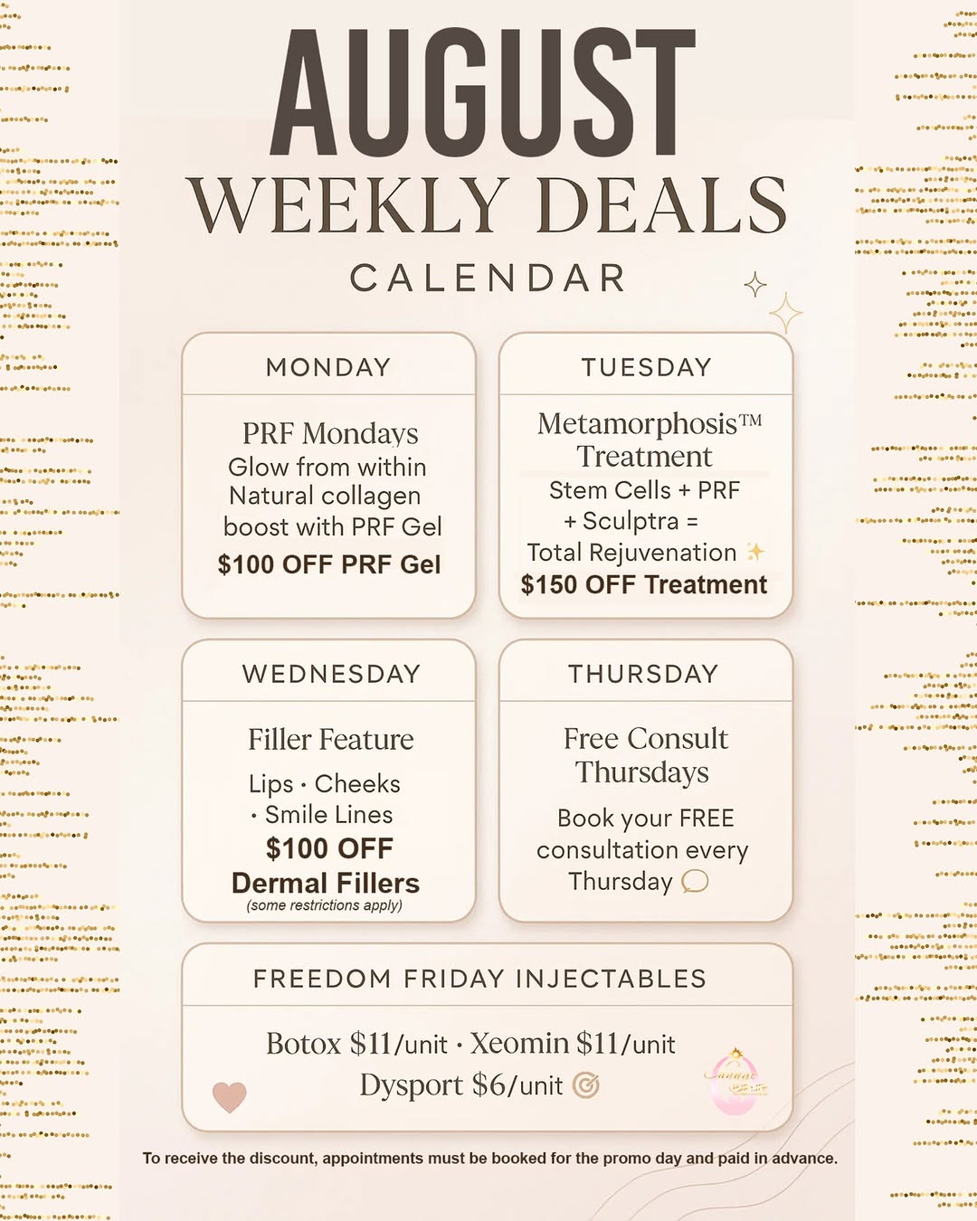 Instagram post by Dr. Wanda Minnis-Dyson: ✨ Limited-Time Treatment Discounts ✨ Enjoy exclusive pricing on select services — available only when scheduled on the designated day and pr…