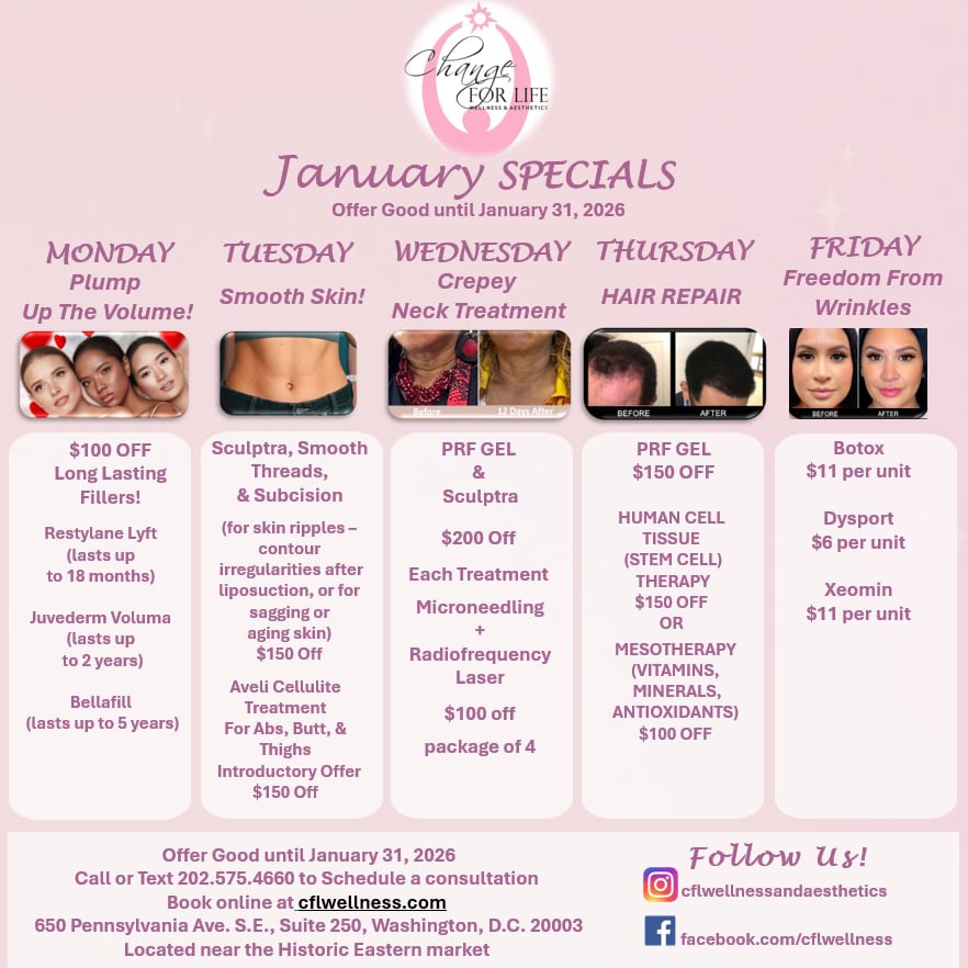 Instagram post by Dr. Wanda Minnis-Dyson: ✨ January Specials Are Live! ✨ New year. New glow. New confidence 💖 Our January Weekly Specials are designed to help you smooth, sculpt, re…