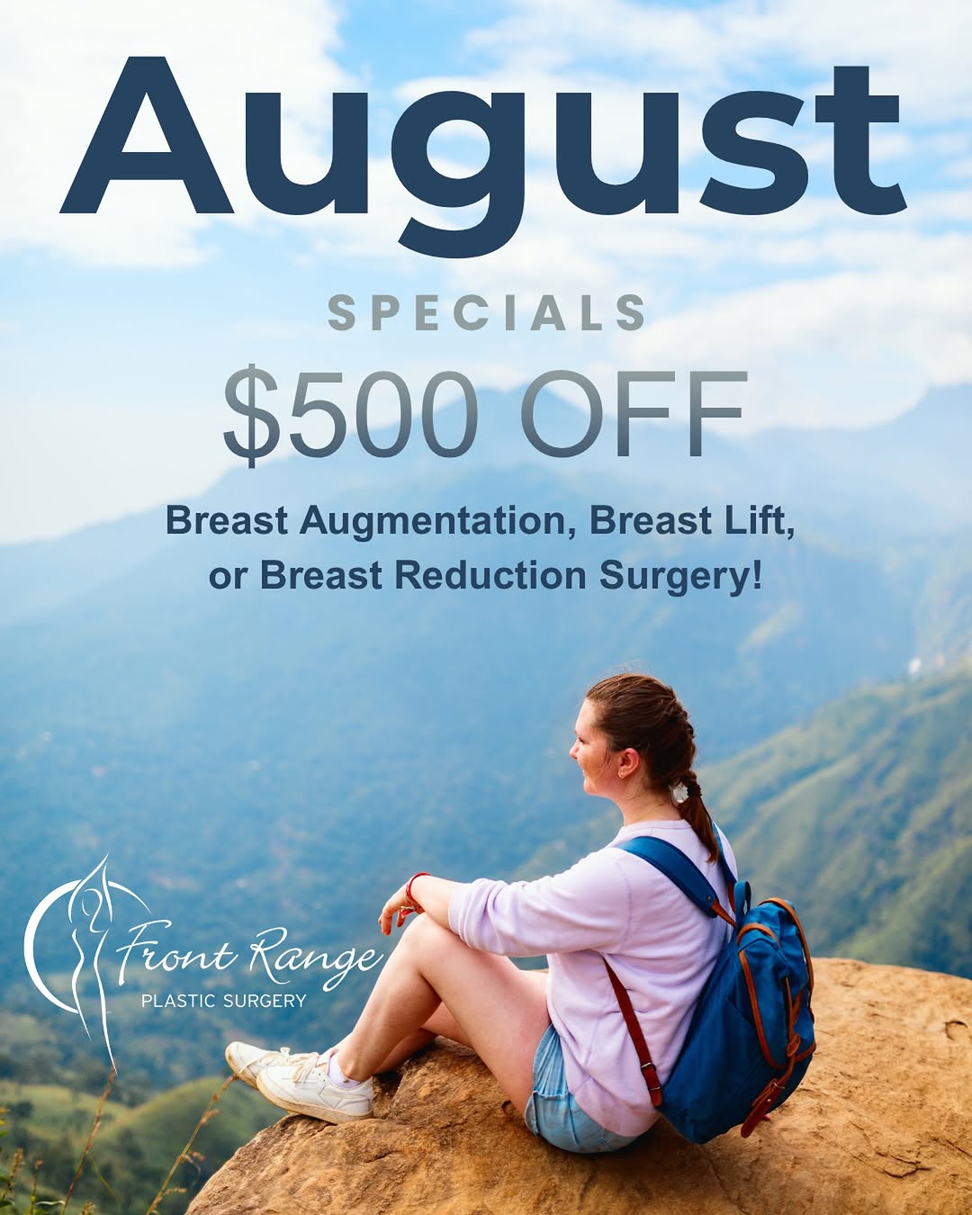 Instagram post by Dr. Warren Schutte: Hello August Specials!🏔️☀️ Call during the month of August and enjoy an additional $500 off of Breast Augmentation, Breast Lift, or Breast …