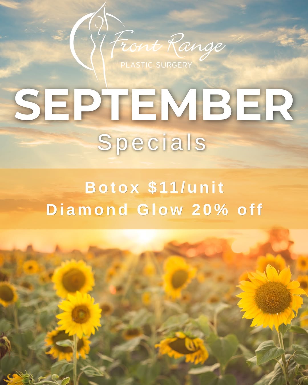 Instagram post by Dr. Warren Schutte: Get your glow on this September with our Botox + Diamond Glow specials! ☀️🙌🏻 Botox $11/unit and 20% off Diamond Glow facials 💎💉 Call 970…