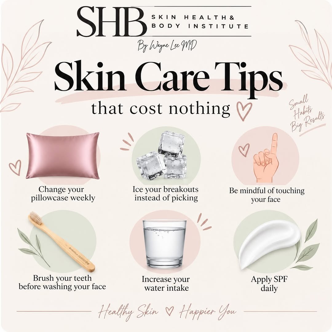 Instagram post by Dr. Wayne Lee: ✨ Healthy skin doesn’t always require expensive products! ✨ Small daily habits can make a big difference. 💕 From changing your pillowcase r…