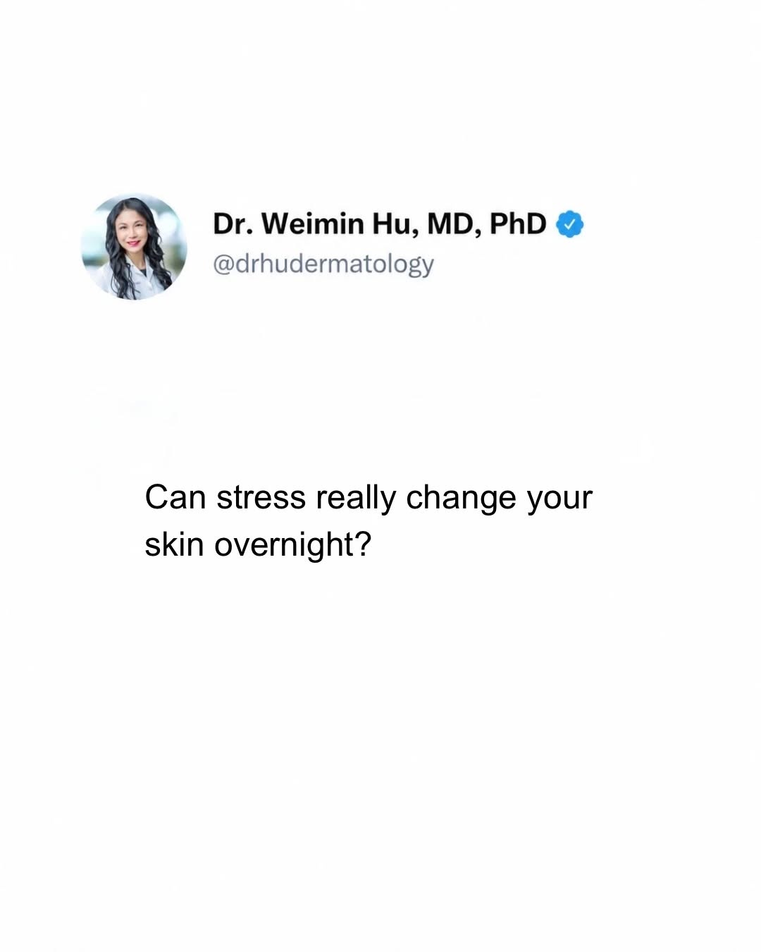Instagram post by Dr. Weimin K. Hu: Your skin and stress may be more connected than you think. Breakouts, redness, irritation and unexpected flare-ups can sometimes appear when…