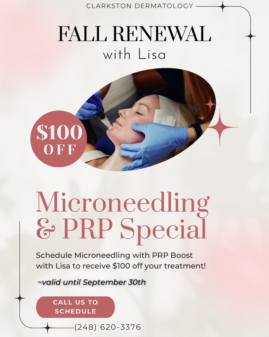 Instagram post by Dr. Wendy McFalda, DO: ✨ Fall Renewal with Lisa ✨ Ready to refresh your skin this fall? 🍂 Schedule Microneedling with PRP Boost with Lisa and receive $100 OFF you…