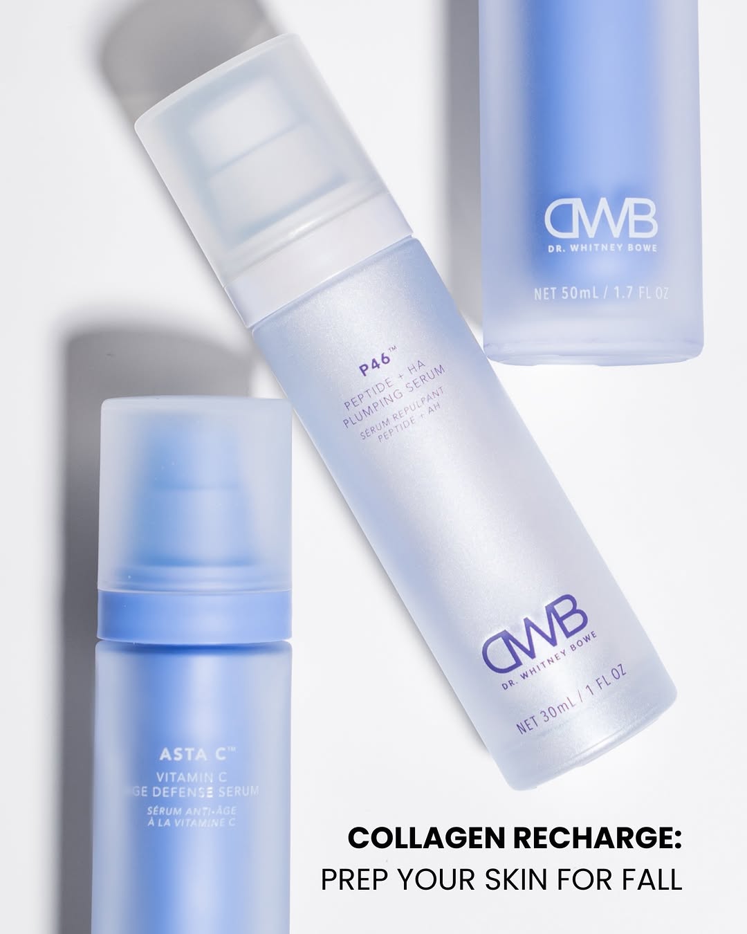 Instagram post by Dr. Whitney Bowe: Recharge summer-stressed skin with our peptide + vitamin C power pair. The Collagen Recharge set visibly targets discoloration, wrinkles, an…