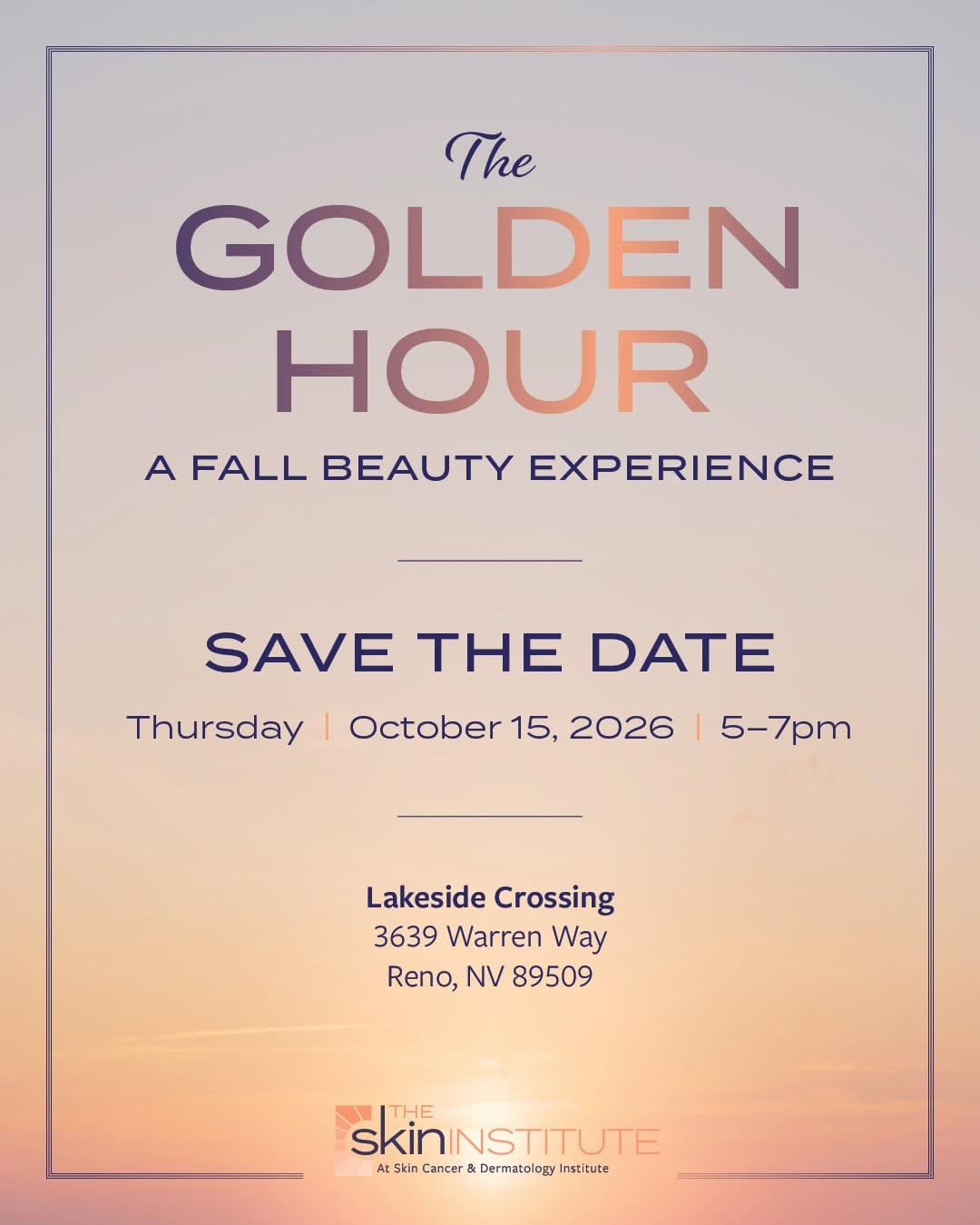 Instagram post by Dr. Whitney Hovenic: Save the date! 🌅 ✨ Join us for The Golden Hour on October 15 from 5–7 PM. Event specials + more details coming soon. 💜 #SkinInstitute #Ren…