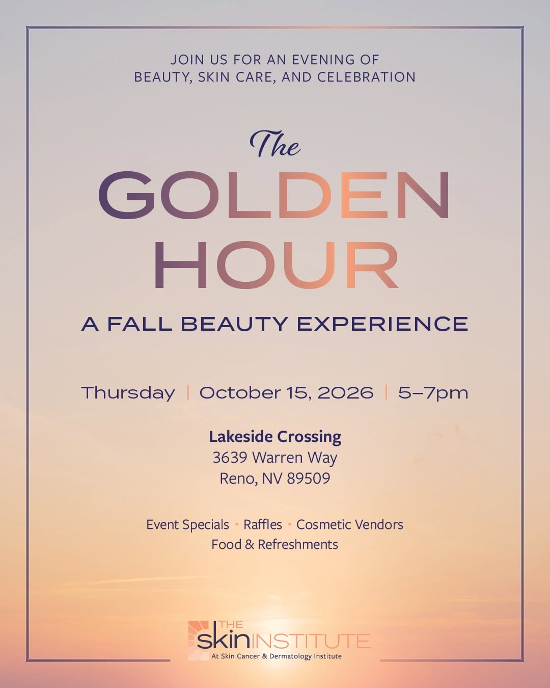Instagram post by Dr. Whitney Hovenic: You’re invited to The Golden Hour: A Fall Beauty Experience 🌅 Join us for an evening of beauty, skin care & celebration featuring event spe…