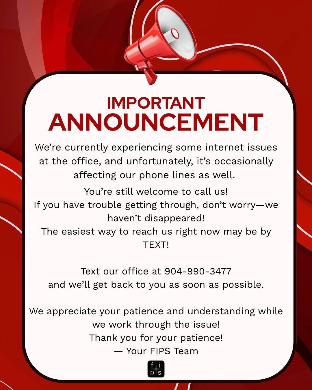 Instagram post by Dr. William A. Wallace: A LITTLE TECH TROUBLE AT FIPS! Our internet is having a moment this week… and unfortunately, it’s occasionally bringing our phone lines alon…