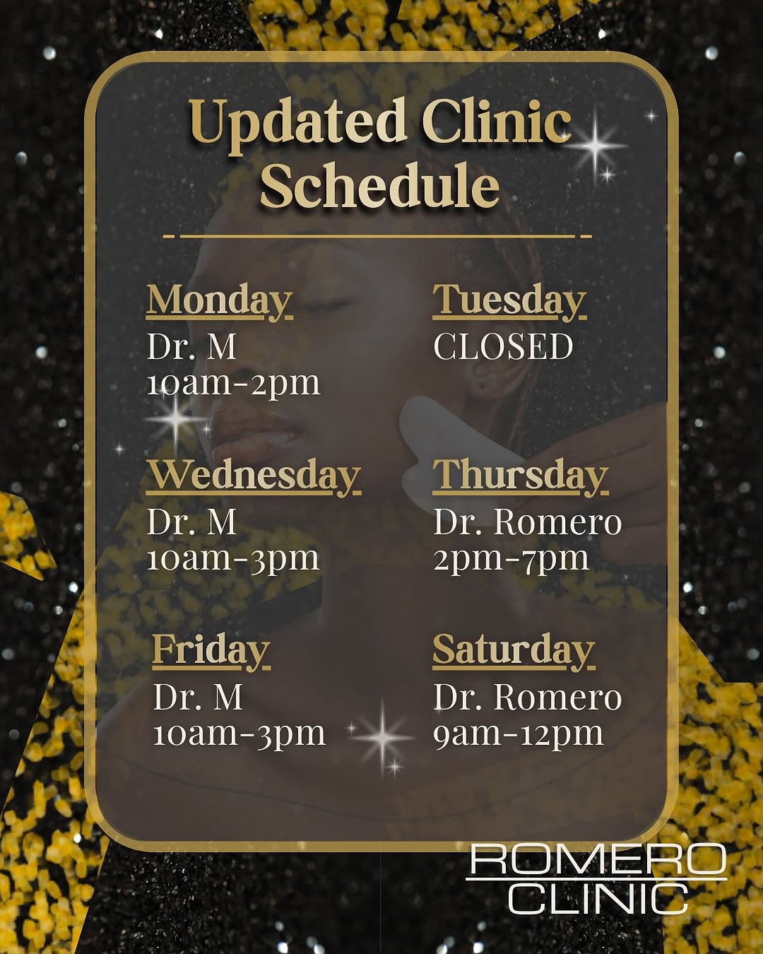 Instagram post by Dr. William H. E. Romero: Updated clinic hours, same exceptional care ✨ Romero Clinic’s weekly schedule has been updated. Kindly refer to our latest consultation hour…