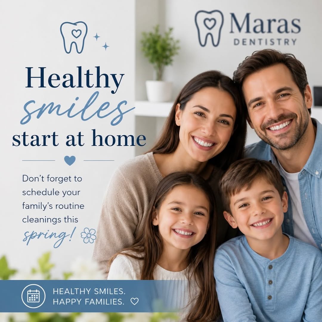 Instagram post by Dr. William H. Maras: Healthy smiles start at home 💙🦷 Spring is the perfect reminder to prioritize your family’s dental health! Routine cleanings and exams help…