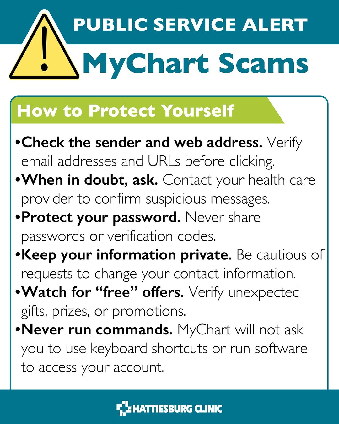 Instagram post by Dr. William L. Waller: ⚠️ Protect yourself from phishing attempts posing as MyChart. Scammers may try to trick patients by using the MyChart name or logo through e…