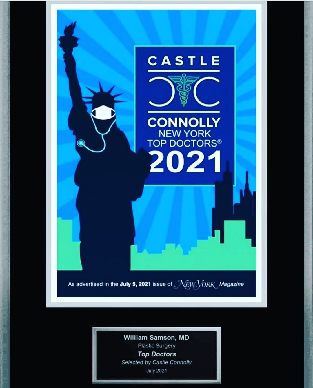 Instagram post by Dr. William Samson: Very honored to be included in the recent issue of New York Magazine as a top plastic surgeon. #Castleconnolly #Newyorkmagazine #topdoctor #…
