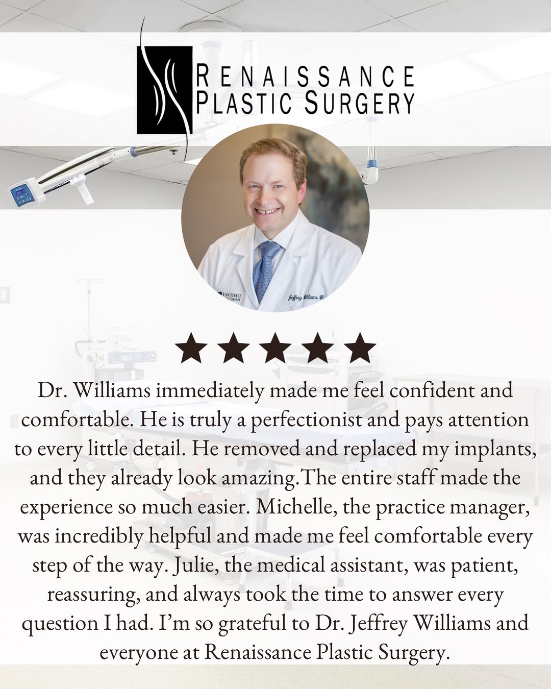 Instagram post by Dr. William Stefani: We always appreciate your reviews and testimonials! Exceptional work by Dr. Williams and team! #reviews #testimonials #Transformation #Plast…