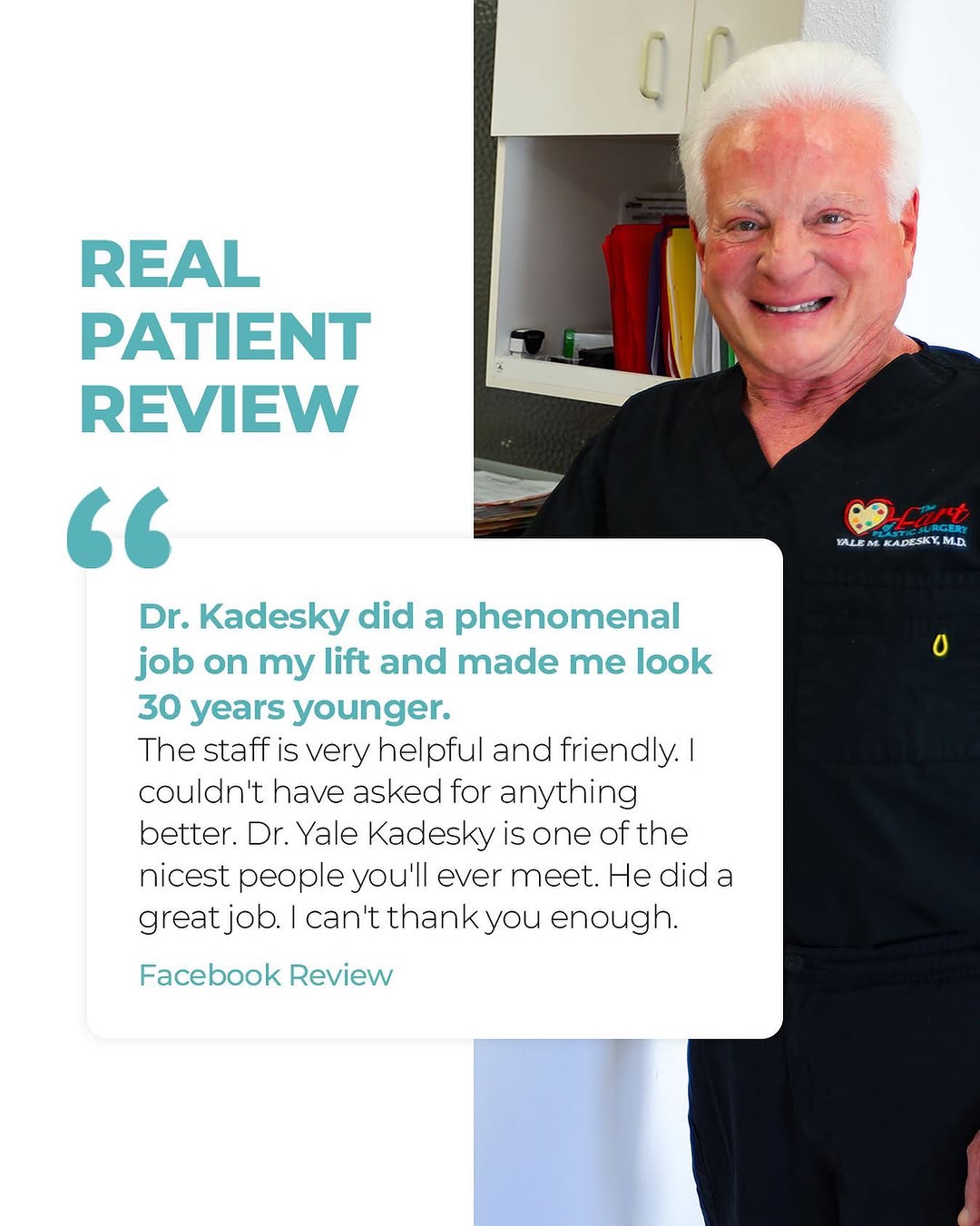 Instagram post by Dr. Yale M. Kadesky: We're so happy to read this review from a #realpatient on Facebook. Making you feel beautiful in your own skin is our passion! ❤️ If you're …