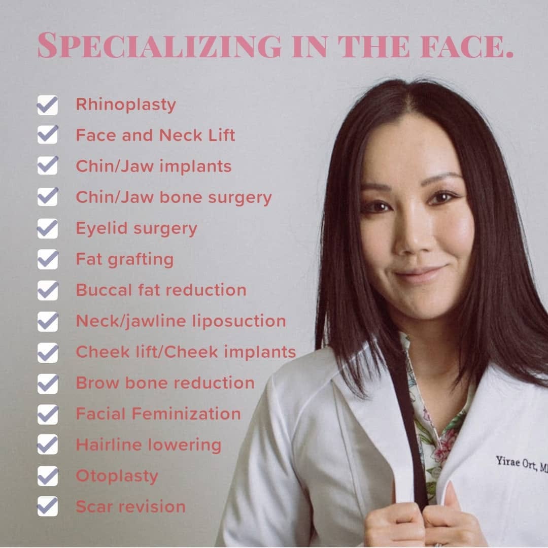 Instagram post by Dr. Yirae Ort: Hi there, I'd like to introduce myself and share what I do! I am a fellowship trained facial cosmetic surgeon. I am a member of the American…