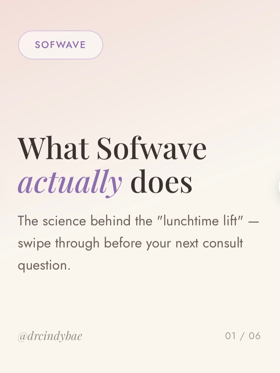 Instagram post by Dr. Yoon-Soo Cindy Bae: Sofwave gets asked about more than almost any other treatment in my DMs — so here’s the honest breakdown. It’s not a magic switch, and it’s …
