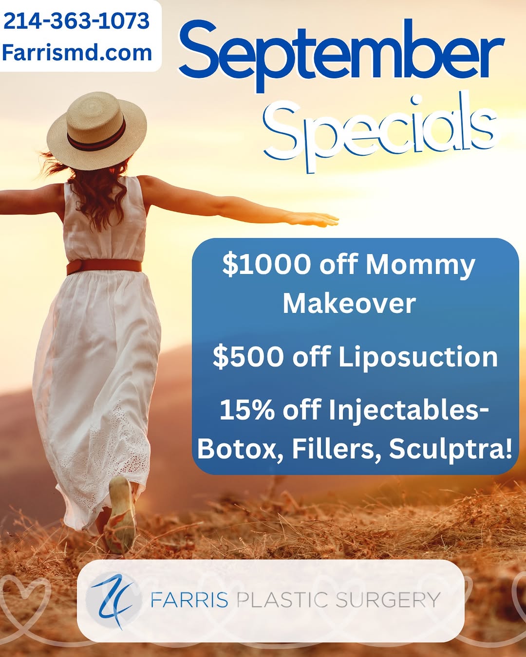 Instagram post by Dr. Zachary Farris: September Specials are here at Farris Plastic Surgery! ✨ Take advantage of this month’s exclusive offers: ✨ $1,000 OFF Mommy Makeover ✨ $500…