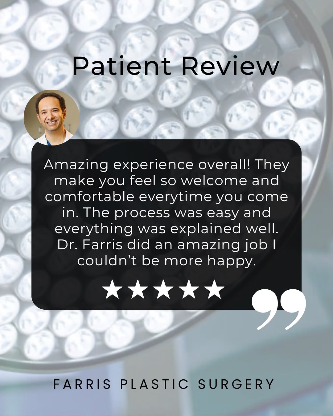 Instagram post by Dr. Zachary Farris: We are so grateful for your kind words and for trusting Dr. Farris and our team with your care. 🤍 Making sure our patients feel comfortable…