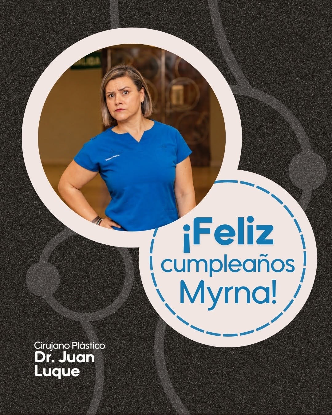 Instagram post by Juan Luque: ¡Un abrazo enorme para Myrna en su día! 🎂🌟 Hoy nos toca consentir y agradecer a quien sostiene gran parte de la operación en el consultori…
