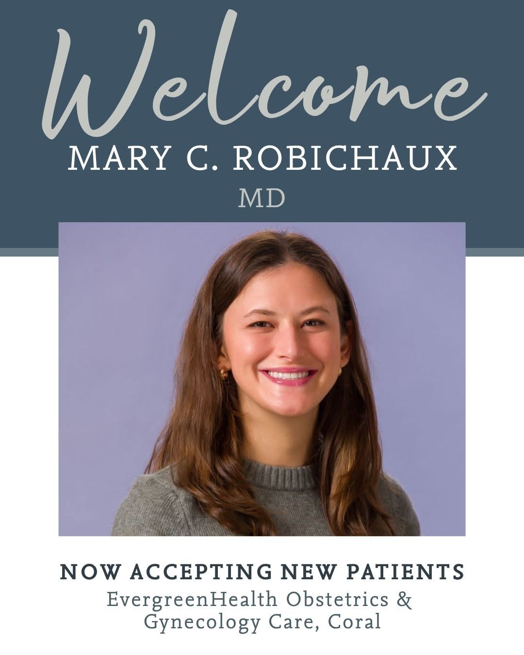 Instagram post by Marco Antonio Salazar: Please join us in welcoming Mary C. Robichaux, MD, to EvergreenHealth Obstetrics & Gynecology Care, Coral.🎈 Mary Robichaux, MD, is an OB/GY…